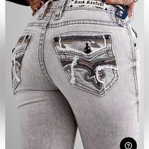 Rock revival-26-gray-Sepia mid rise,skinny distressed,embellished,ripped,jeans.